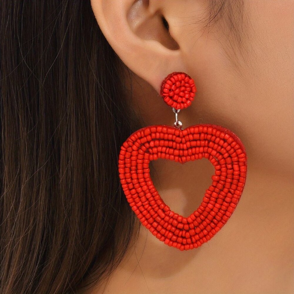 Large Red Heart-Shaped Beaded Statement Dangle Earrings (BRAND-NEW & SUPER CUTE!
